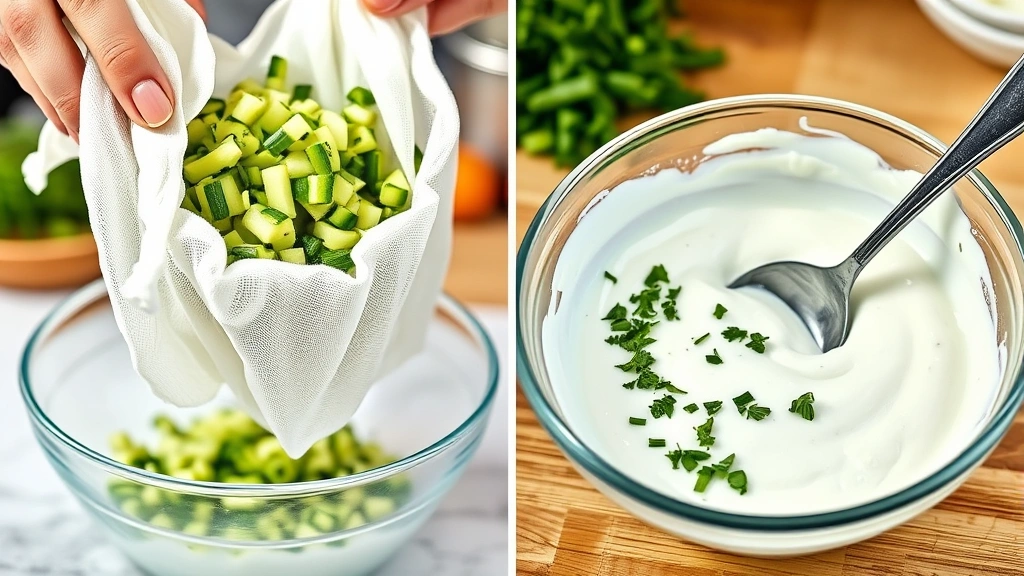 process: squeezing grated cucumber in cheesecloth over a bowl, yogurt being stirred with fresh herbs visible, Mediterranean kitchen background, photorealistic, bright natural light, no text