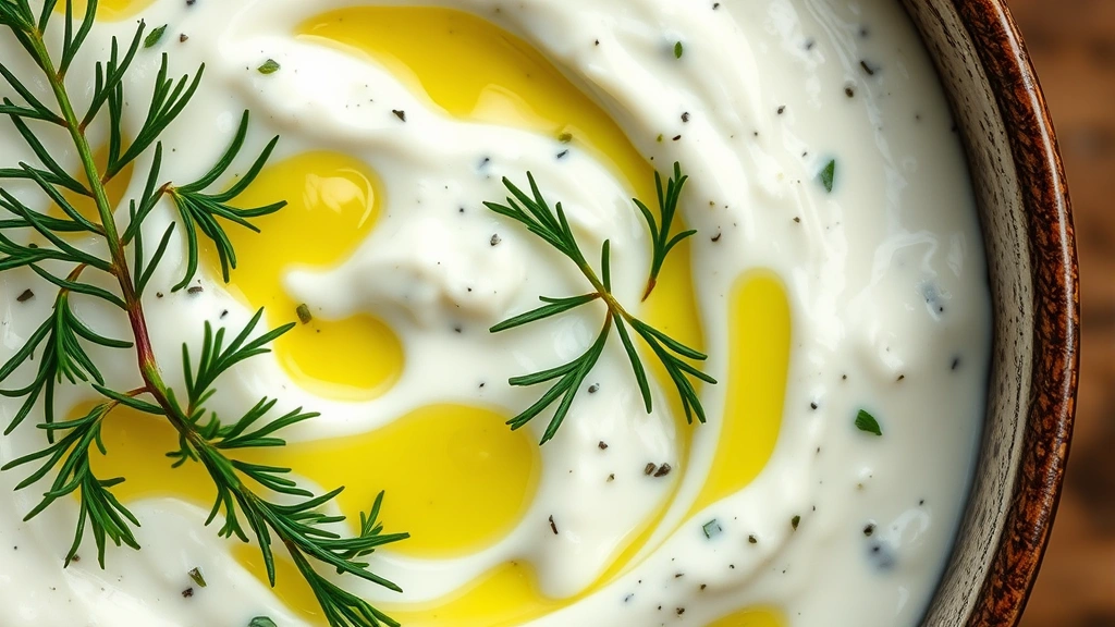 detail: close-up of tzatziki sauce texture with fresh dill sprigs, cucumber visible, drops of lemon juice and olive oil, creamy consistency showing, photorealistic, macro photography with natural light, no text
