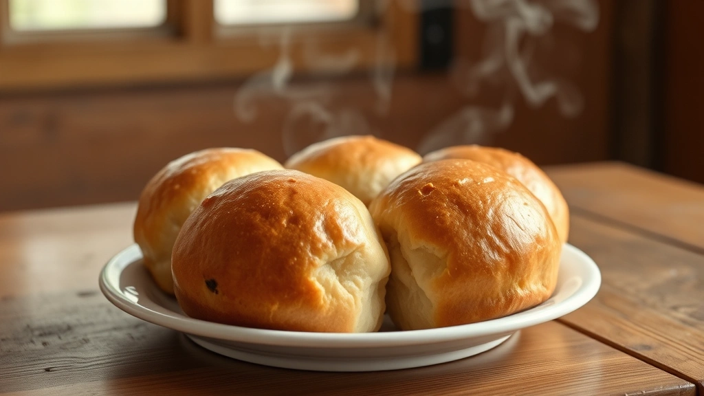 hero: golden-brown yeast rolls fresh from the oven on a white plate, steam rising, soft buttery exterior, warm natural window light, rustic wooden table background, no text or watermarks