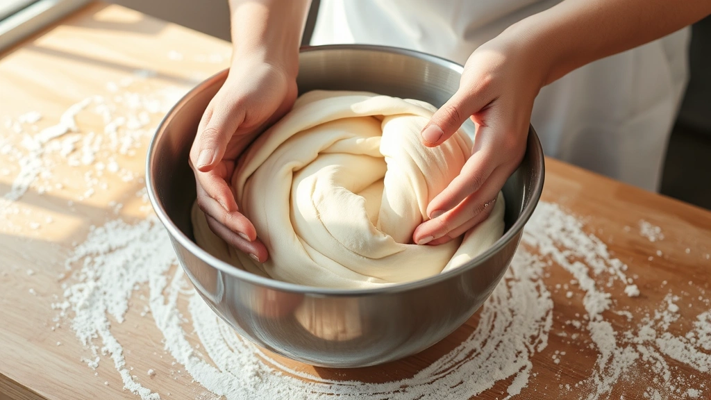 process: hands kneading smooth elastic dough in a stainless steel bowl, flour-dusted countertop, warm natural light streaming from the side, action shot showing dough texture, no text