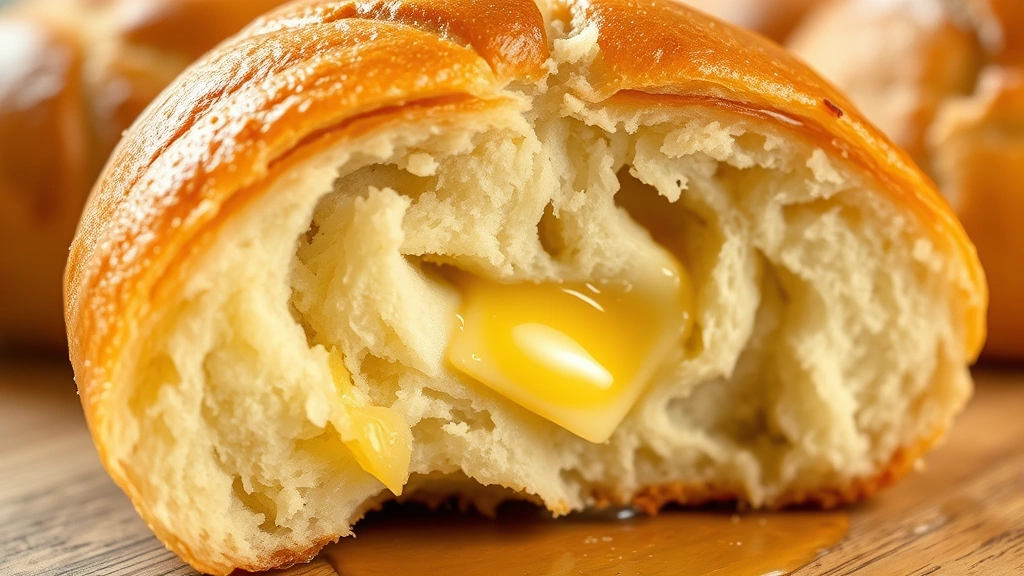 detail: close-up cross-section of a warm yeast roll showing soft pillowy crumb structure, melted butter glistening on the warm surface, shallow depth of field, natural daylight, no text