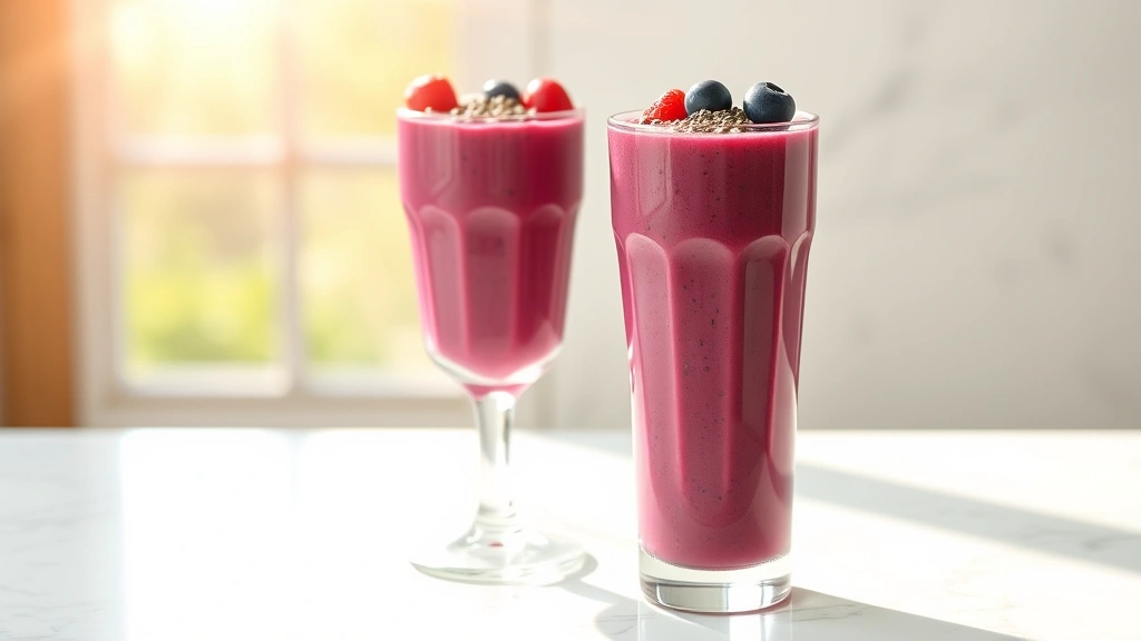 hero: two tall glasses filled with vibrant purple-pink Echoes of Wisdom smoothie, topped with fresh berries and chia seeds, natural morning sunlight streaming through, clean white marble background, no text or watermarks