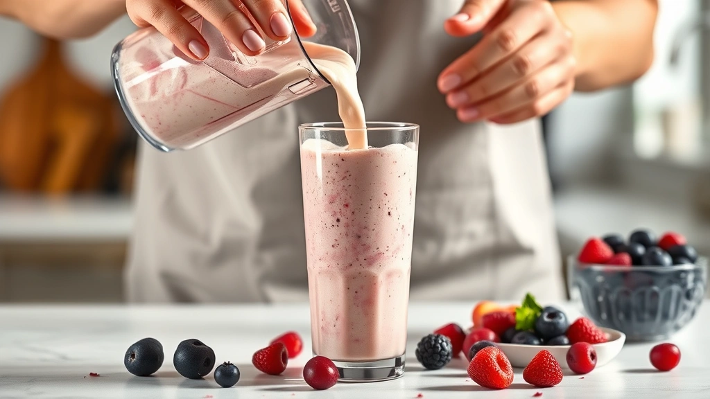 process: hands pouring creamy smoothie mixture from blender into a tall glass, mid-pour capturing the smooth texture, bright kitchen lighting, fresh berries scattered nearby, photorealistic and inviting