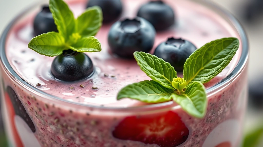 detail: close-up of the smoothie texture showing layers of berries, chia seeds, and creamy yogurt base, garnished with fresh mint leaf and whole blueberries on top, macro photography style, natural soft lighting
