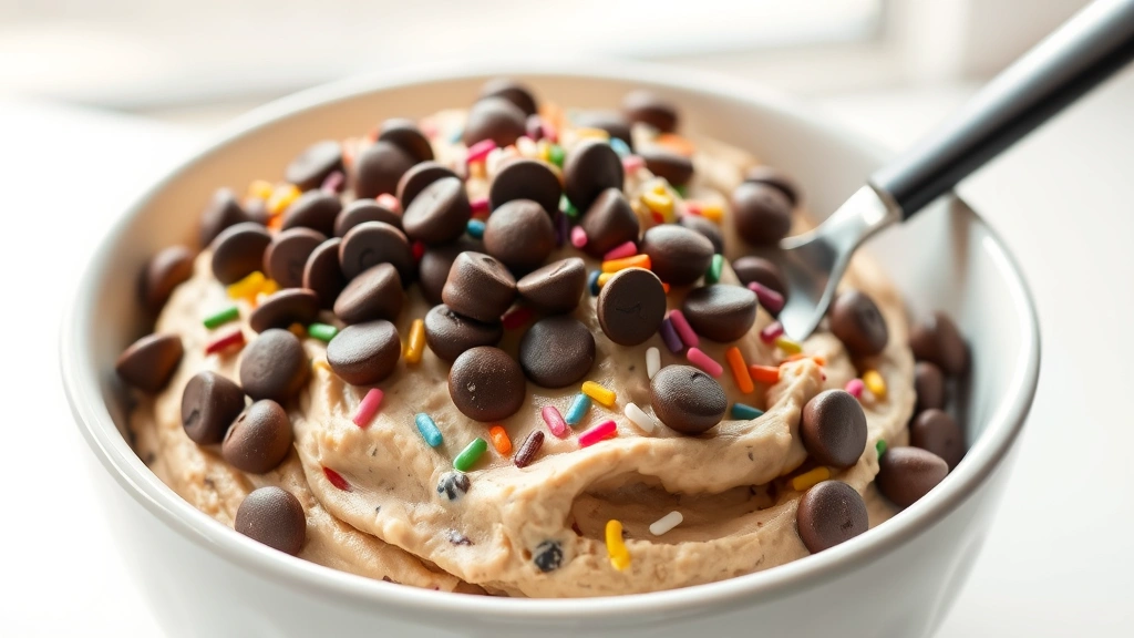 hero: Bowl of creamy edible cookie dough topped with chocolate chips and rainbow sprinkles, spoon resting in the bowl, soft natural window lighting, clean white background, appetizing and indulgent