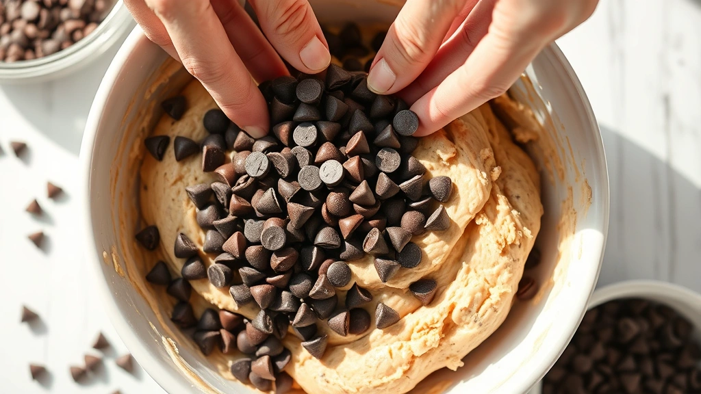 process: Hands folding chocolate chips into cookie dough mixture in a white ceramic bowl, ingredients visible in the background, bright natural daylight, overhead shot, showing the creamy texture