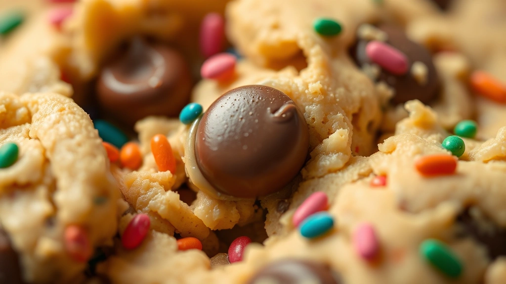 detail: Close-up macro shot of edible cookie dough with melting chocolate chips and colorful sprinkles, shallow depth of field, warm natural light, showing the rich creamy texture and detail