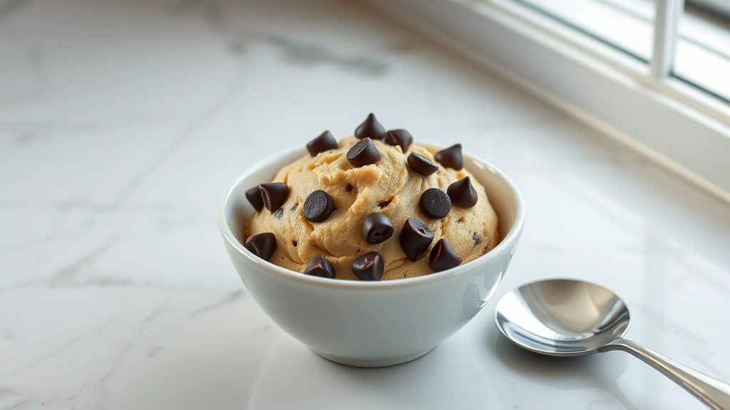 hero: creamy edible cookie dough in a small white ceramic bowl with chocolate chips visible on top, set on a light marble countertop with soft natural window light, minimalist styling with a silver spoon resting beside the bowl, photorealistic, no text