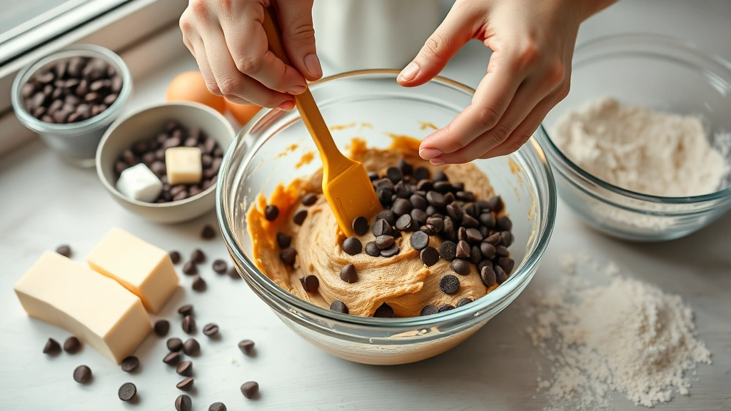 process: hands folding chocolate chips into cookie dough mixture in a small glass bowl using a rubber spatula, fresh ingredients scattered nearby including butter, eggs, and flour, natural diffused daylight from kitchen window, photorealistic, no text