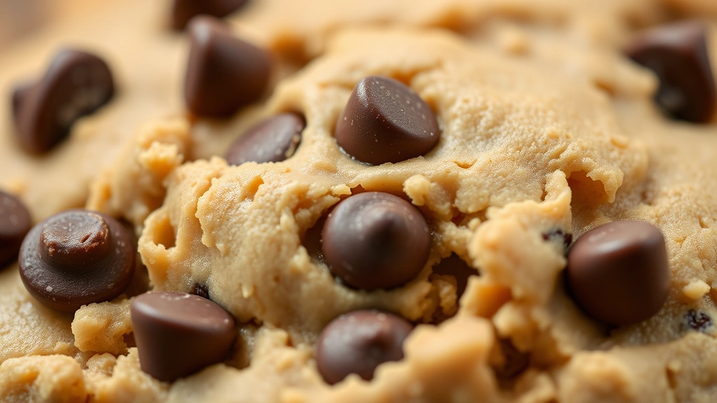 detail: close-up macro shot of edible cookie dough showing texture and chocolate chips, creamy consistency with shallow depth of field, soft natural lighting highlighting the glossy surface, photorealistic, no text