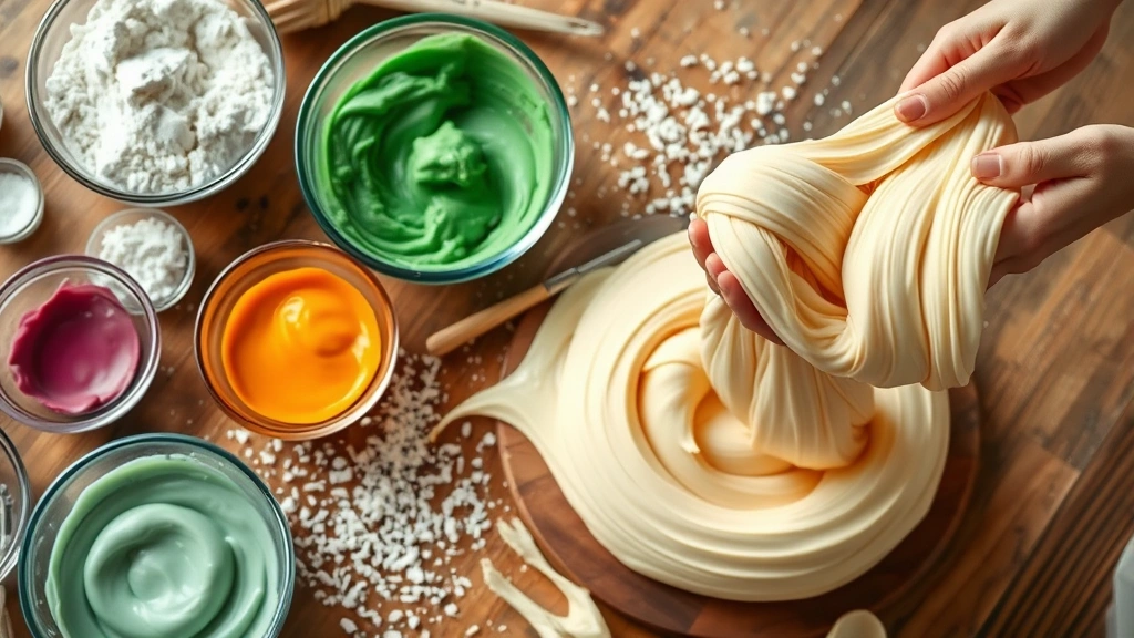 process: hands kneading warm slime mixture with cornstarch dust visible in the air, multiple colors in bowls ready to be mixed, ingredients scattered on wooden table with fresh natural lighting, action shot showing the stretching motion