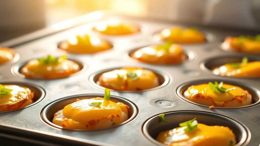 hero: golden-brown egg bites in muffin tin fresh from oven, cottage cheese texture visible, garnished with fresh chives and dill, natural morning sunlight streaming across, warm and appetizing