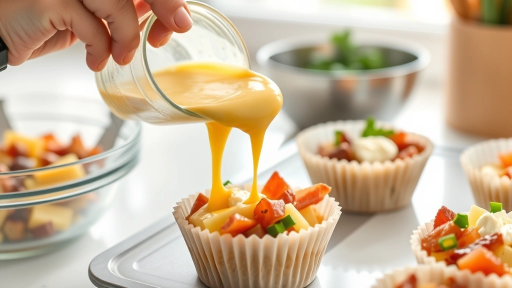 process: hands gently pouring creamy egg mixture into muffin cups filled with bacon and vegetables, cottage cheese visible in mixture, bright kitchen setting, natural light