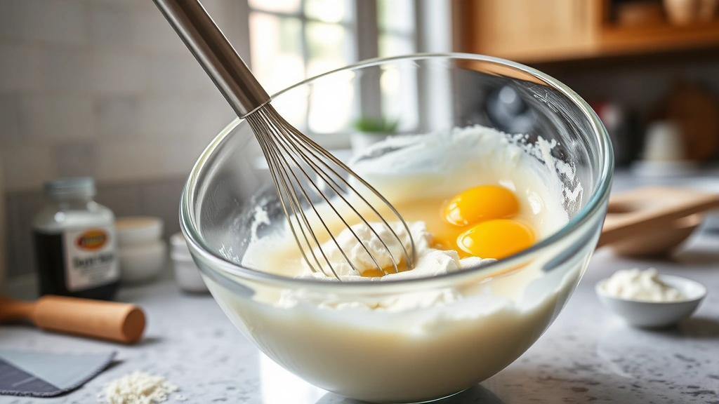 process: whisking eggs and cottage cheese together in clear glass bowl, creamy mixture, natural window light, kitchen counter setting with ingredients scattered nearby