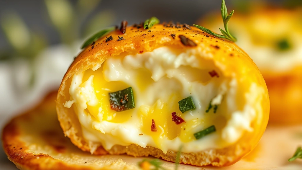detail: close-up cross-section of single egg bite showing creamy cottage cheese pockets and herb garnish, golden exterior, shallow depth of field, warm natural lighting