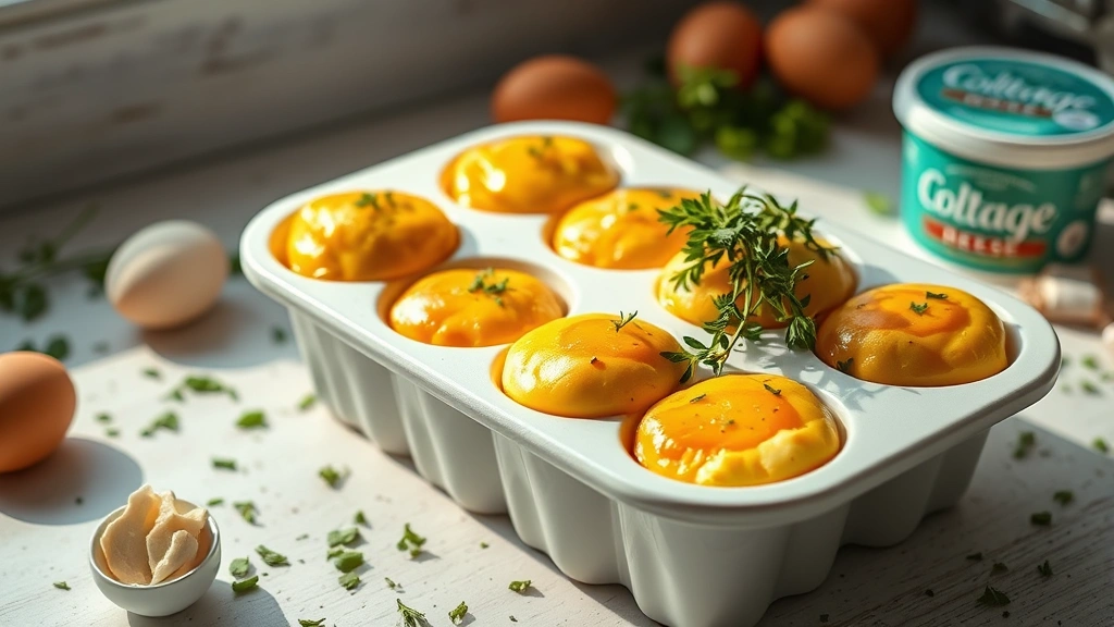 hero: golden-brown egg bites in a white ceramic muffin tin, fresh herbs on top, surrounded by scattered ingredients like eggs and cottage cheese container, bright morning sunlight streaming in from the side, photorealistic, natural light, no text
