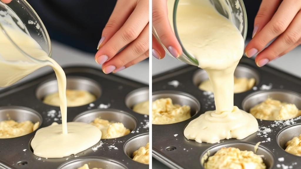 process: hands pouring creamy cottage cheese and egg mixture into a greased muffin tin, close-up action shot showing the texture of the mixture, photorealistic, natural light, no text