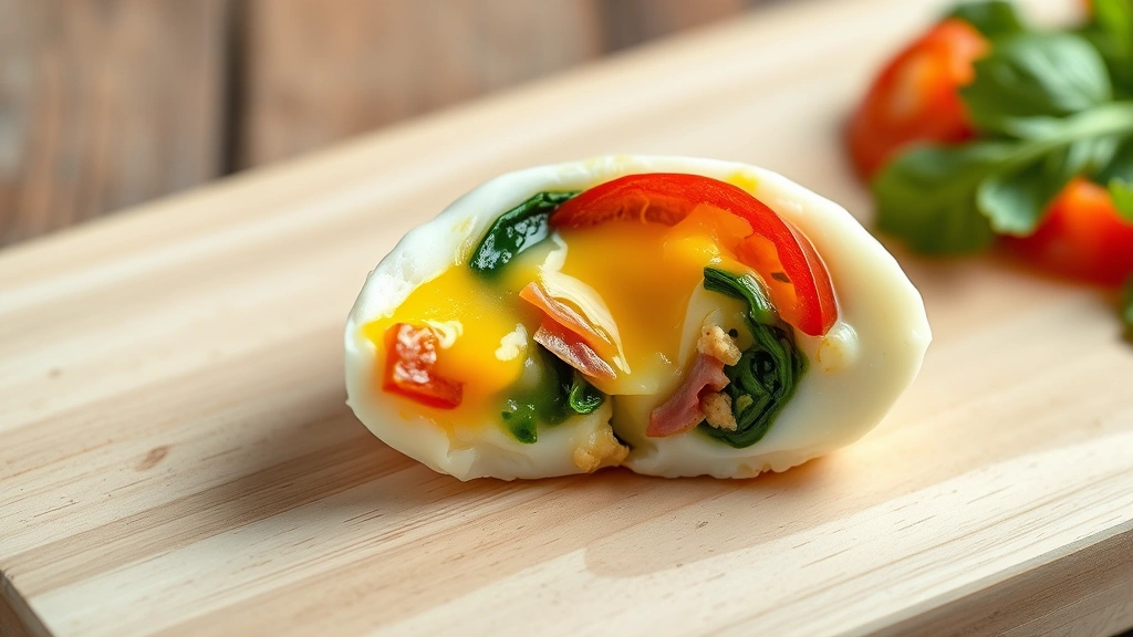 detail: single perfect egg bite cut in half showing creamy interior with visible cheese, ham, peppers and spinach, displayed on a light wooden board, photorealistic, natural light, no text