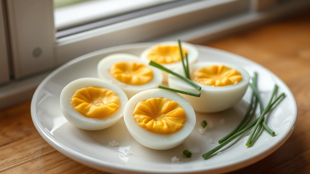 hero: perfectly peeled boiled eggs sliced in half showing creamy yolk centers, arranged on a white ceramic plate with sea salt crystals and fresh chives, soft natural window light, clean minimalist styling
