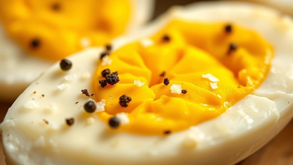 detail: close-up macro shot of perfectly sliced hard-boiled egg showing the golden yolk and white, garnished with fleur de sel and black pepper, shallow depth of field, warm natural lighting