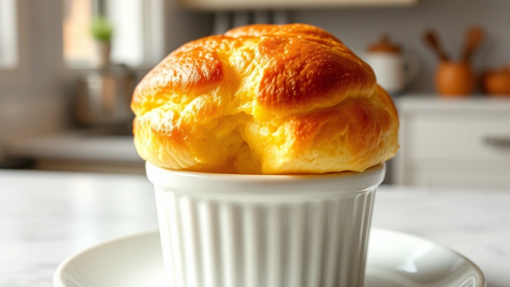 hero: golden-brown cheese soufflé rising perfectly in a white ceramic ramekin, fluffy and puffed on top, photographed straight-on with natural window light, steam slightly visible, white kitchen background, photorealistic