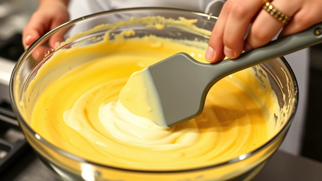 process: chef folding beaten egg whites into yellow cheese béchamel mixture with a rubber spatula, action shot mid-fold, natural kitchen lighting, close enough to see the technique clearly, photorealistic