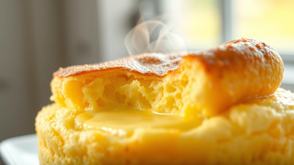 detail: close-up cross-section of a perfectly cooked soufflé showing the creamy center and fluffy exterior, golden cheese throughout, steam rising gently, macro photography style, natural window light, photorealistic