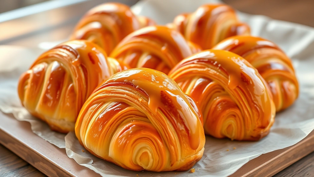 hero: golden-brown croissants with glossy egg wash finish, flaky layers visible, warm natural sunlight from left side, croissants arranged on parchment paper, professional food photography style