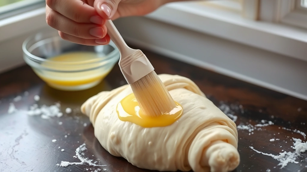 process: hand holding pastry brush applying clear egg wash to unbaked croissant dough, shallow bowl of egg wash in background, close-up detail of brush technique, natural window light