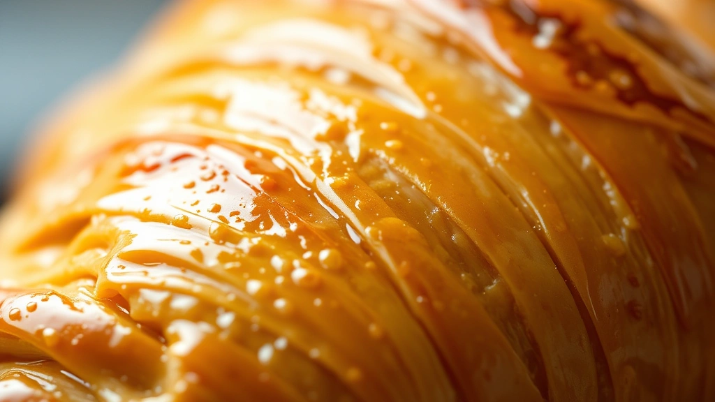 detail: extreme close-up of croissant surface showing glossy egg wash sheen and light golden color, texture detail visible, macro photography style, shallow depth of field