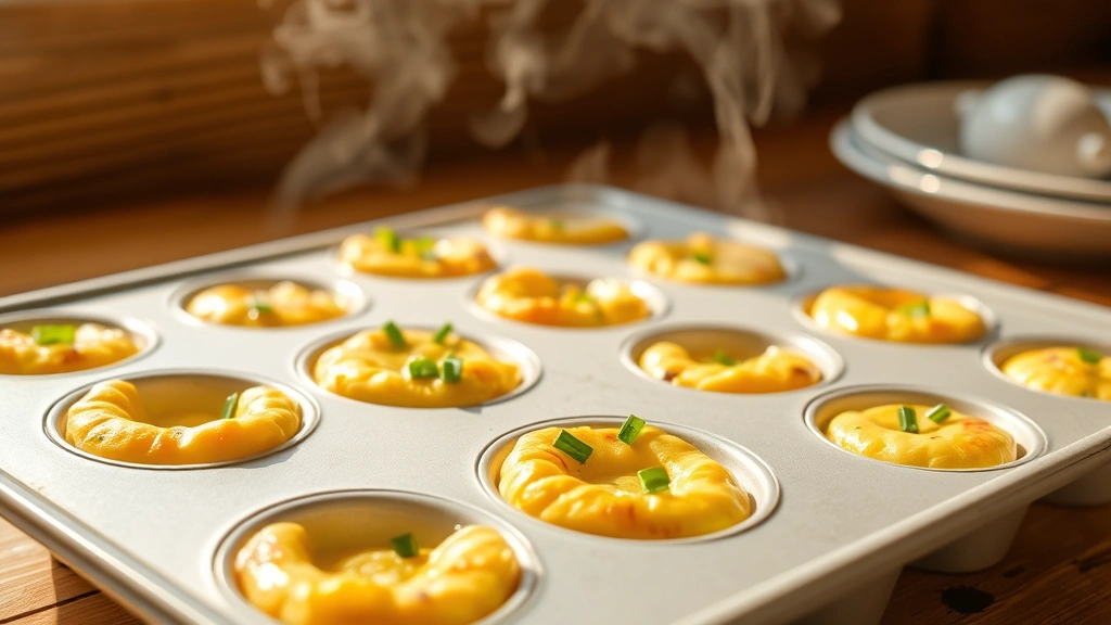 hero: golden-brown egg white bites in a ceramic muffin tin, fresh out of the oven, steam rising, garnished with fresh chives and parsley, natural morning sunlight streaming across the counter, wooden background, no text