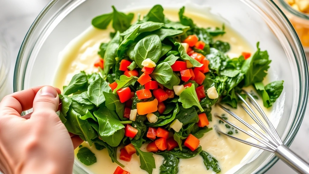 process: hands folding fresh spinach and diced peppers into fluffy egg white mixture in a glass bowl, mixing bowl, whisk nearby, bright kitchen lighting, close-up action shot, no text