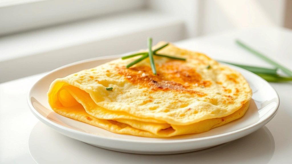 hero: golden fluffy egg white omelette folded on white plate with fresh chives and herbs garnish, soft natural window light, minimalist plating, no text