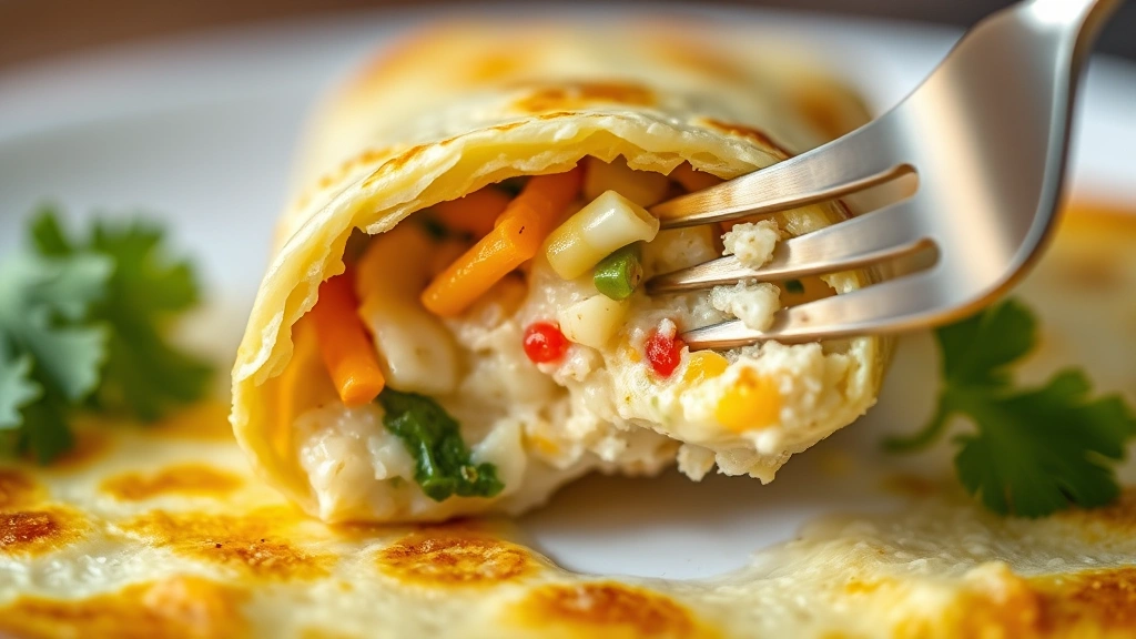 detail: close-up cross-section of folded omelette showing tender fluffy interior with cheese and vegetable fillings, fork lifting bite, shallow depth of field, no text
