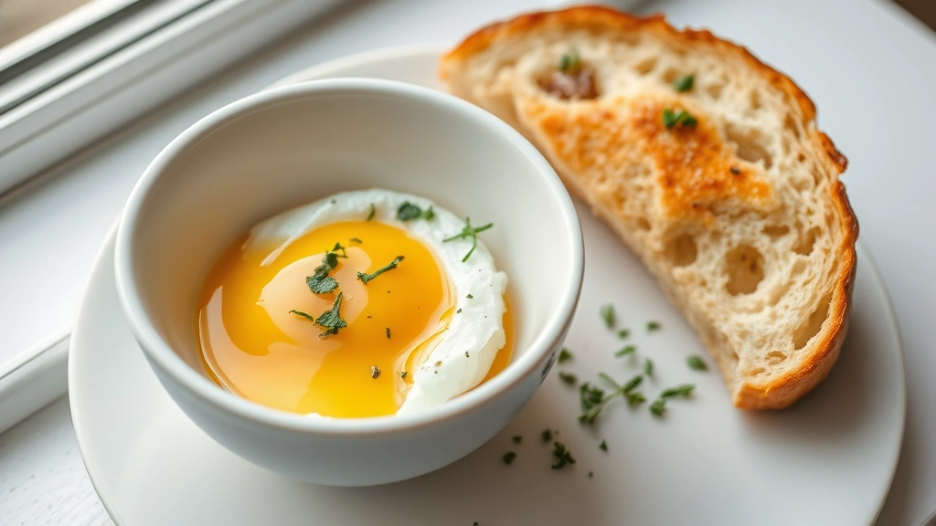 hero: soft-boiled egg with runny golden yolk in white bowl with brown butter drizzled over, fresh herbs scattered on top, artisanal toast beside it, natural window light, minimalist styling, no text