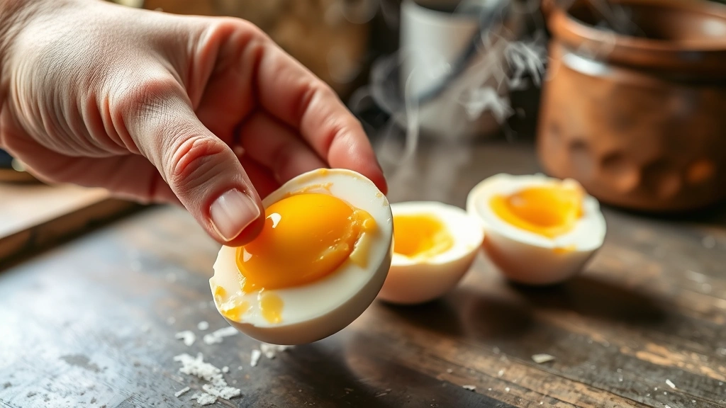 process: hand carefully peeling soft-boiled egg shell revealing creamy yolk, steam rising, rustic kitchen setting, natural light from above, no text