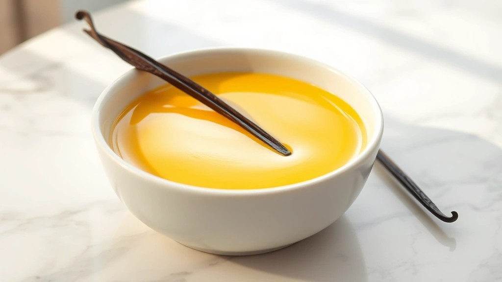 hero: silky smooth egg yolk custard in a white ceramic bowl with fresh vanilla bean pod beside it, creamy pale yellow color, warm natural window light, elegant plating on marble surface, no text
