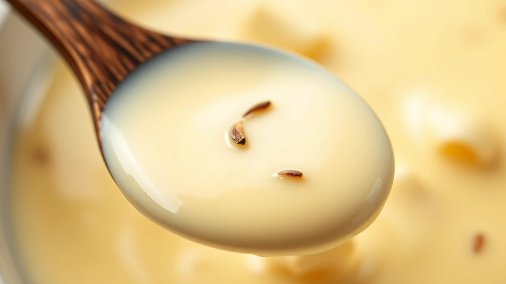 detail: close-up macro shot of creamy custard coating wooden spoon, showing luxurious silky texture, tiny vanilla bean seeds visible, spoon being held horizontally to show thickness, soft natural lighting