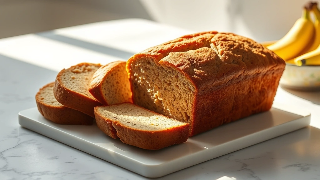 hero: golden-brown eggless banana bread loaf, sliced to show moist crumb, on white marble countertop, morning sunlight streaming from left, small bowl of ripe bananas beside, photorealistic, natural light, no text
