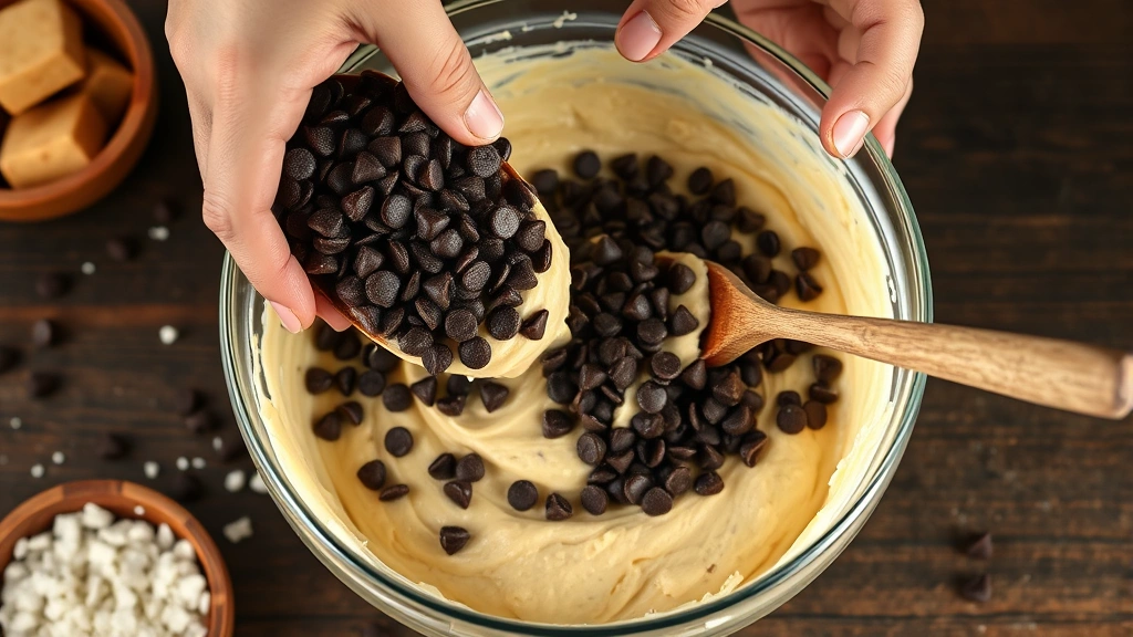 process: hands folding chocolate chips into thick banana bread batter in glass bowl, wooden spoon visible, ingredients scattered around, photorealistic, natural light, no text