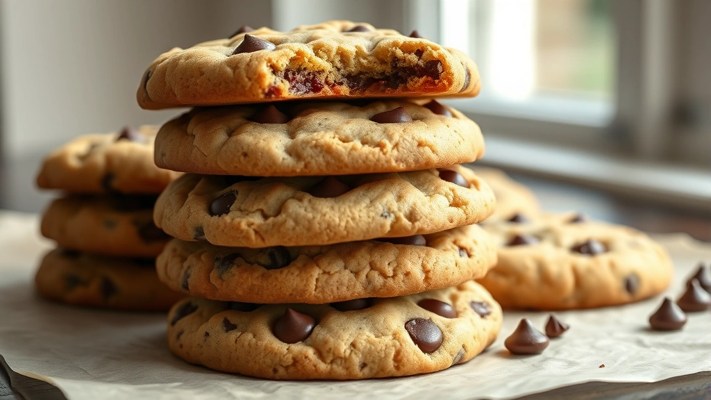 hero: warm freshly baked eggless chocolate chip cookies stacked on parchment paper with melted chocolate chips visible, golden edges, natural afternoon window lighting, no text