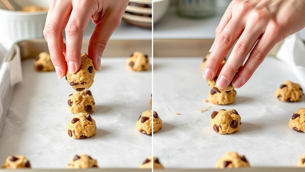 process: hands dropping rounded tablespoons of chocolate chip cookie dough onto lined baking sheet, soft dough texture, natural kitchen lighting, no text