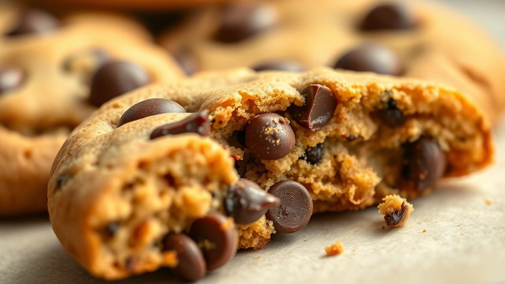 detail: close-up of single broken chocolate chip cookie showing chewy interior and crispy edge with melted chocolate chips, shallow depth of field, warm natural light, no text