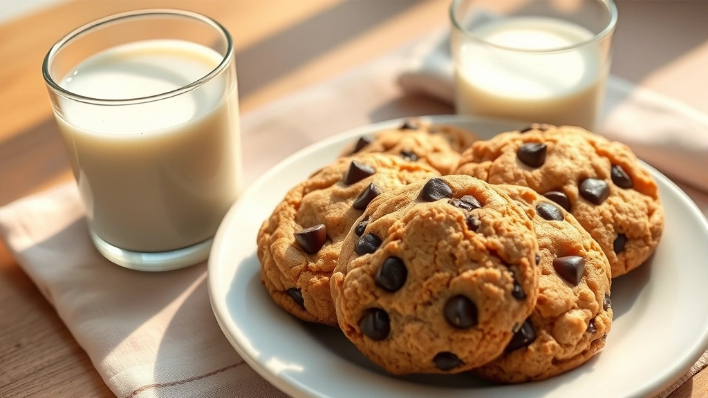 hero: golden-brown eggless chocolate chip cookies arranged on a white plate with a glass of cold milk beside them, photorealistic, natural soft morning light streaming from the left, no text, shallow depth of field