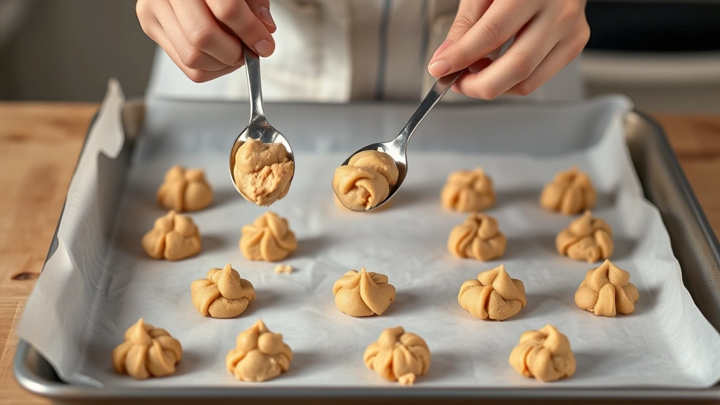 process: hands dropping spoonfuls of eggless cookie dough onto a parchment-lined baking sheet, photorealistic, warm kitchen lighting, no text