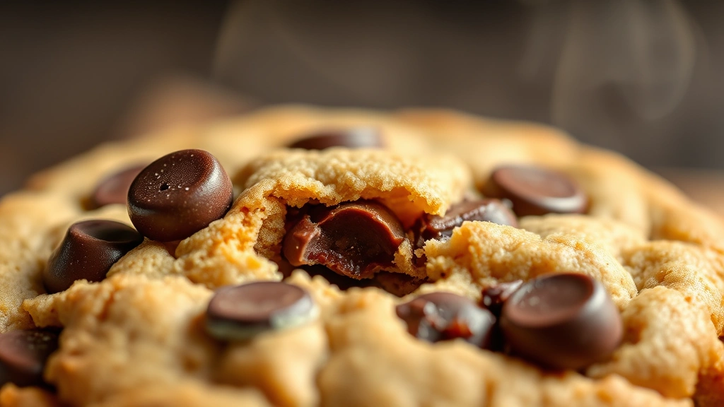 detail: close-up macro shot of a broken warm eggless cookie showing melted chocolate chips and chewy texture, photorealistic, natural light, no text, steam visible