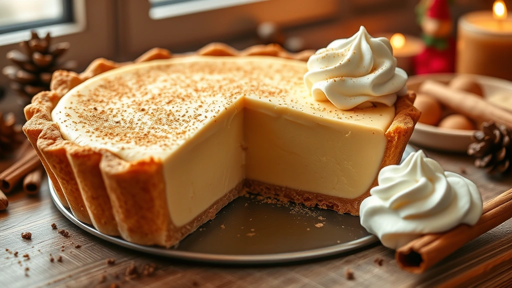 hero: A beautiful eggnog pie with golden-brown crust, creamy custard filling, fresh nutmeg garnish on top, slice of whipped cream on the side, holiday setting with nutmeg and cinnamon sticks nearby, photorealistic, natural window lighting, no text