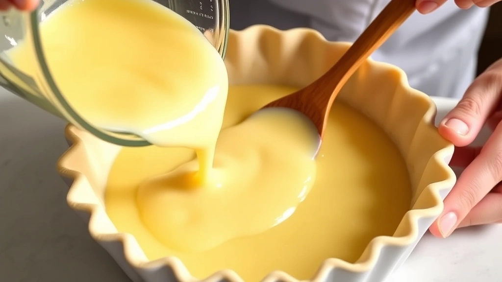 process: Pouring silky custard mixture into a pie crust, golden liquid flowing smoothly, baker using a wooden spoon, bright kitchen lighting, photorealistic, natural light, no text