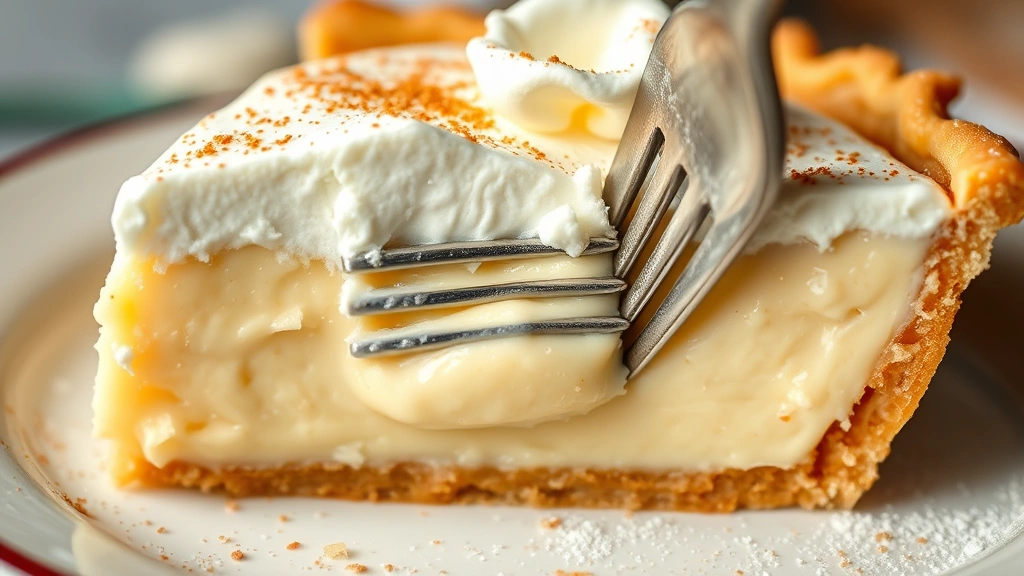 detail: Close-up of a slice of eggnog pie with whipped cream, fork cutting through creamy filling, nutmeg dusting visible, photorealistic, natural light, no text