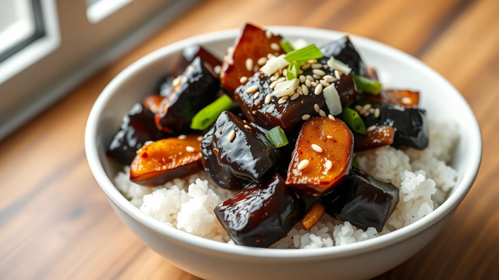 hero: Asian eggplant stir fry served over white jasmine rice in a white ceramic bowl, glossy dark sauce coating tender eggplant pieces, garnished with white sesame seeds and green onion, soft natural window light from left, shallow depth of field, food photography, no text or watermarks